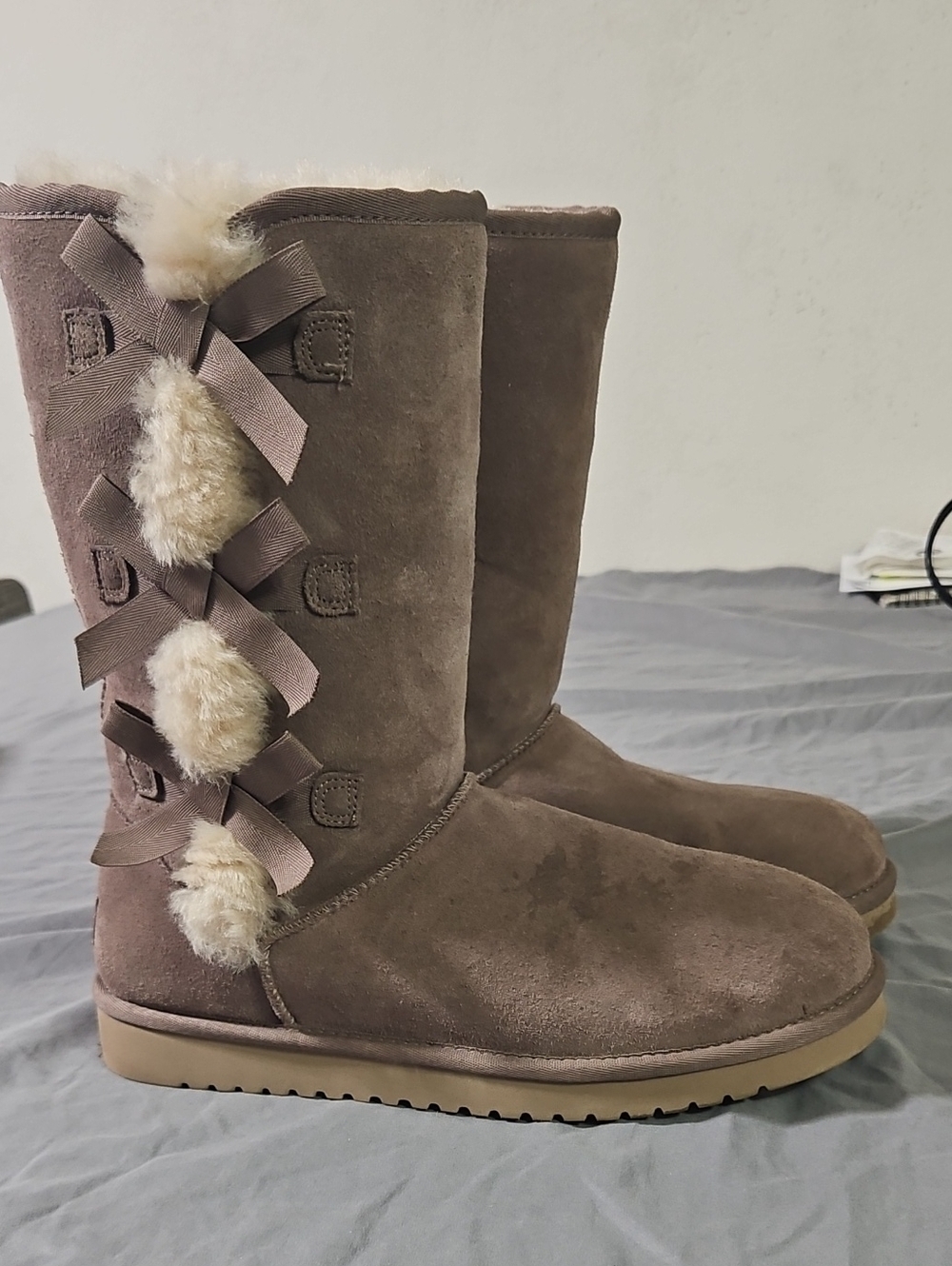 Koolaburra Taupe Faux-Suede Mid-Calf Boots with Pom-Pom Bows